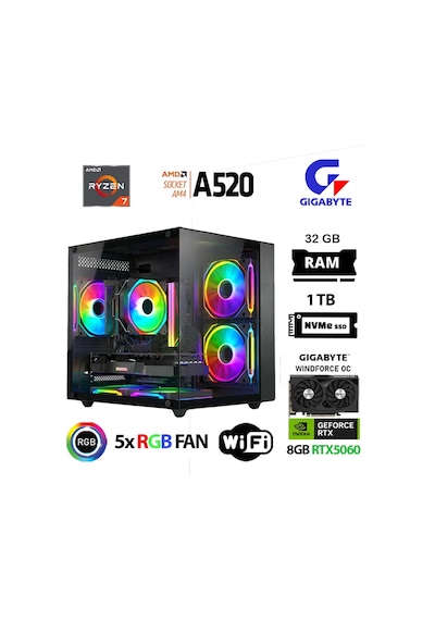 Xaser Giga X30 R7-5700X 32 GB 1 TB M.2 Nvme SSD 8 GB RTX5060 Free Dos Oem Paket Masaüstü Oyuncu Bilgisayarı