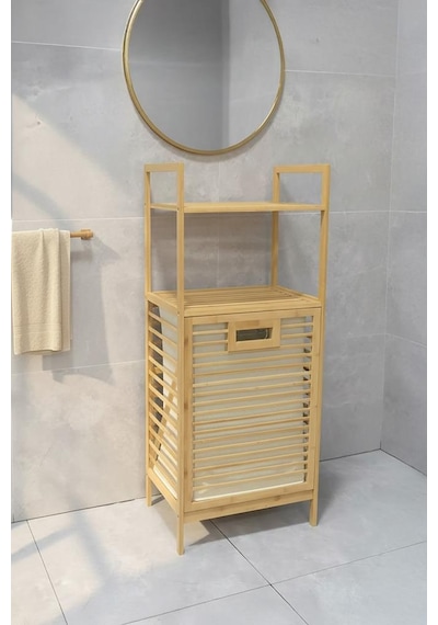 Digithome Bambu Eco-lıte Basıc Kirli Sepetli 2 Raflı Banyo Düzenleyici Çamaşır Sepeti Db-0031 Kahverengi