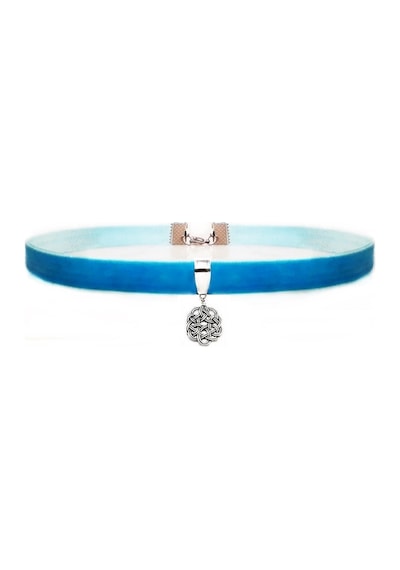 Mavi Renk Kadife Aşk Düğümü Choker Kolye Gümüş