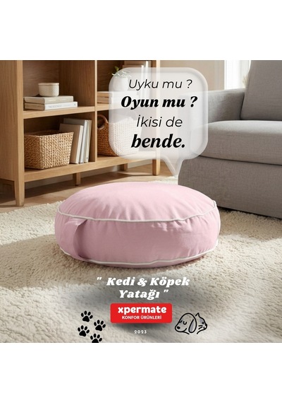 Xpermate Fermuarlı Kedi ve Köpek Minderi Yuvarlak Kedi Minderi Yıkanabilir Kedi Köpek Yatağı Pembe