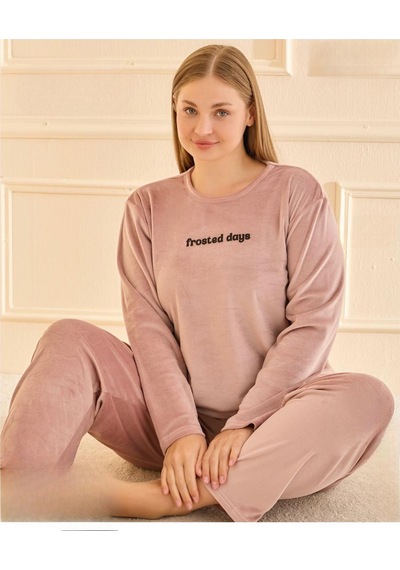 Mihra Kadın Kışlık Bisiklet Yaka Kadife Battal Pijama Takımı 132213p - 1 Adet Pudra
