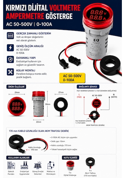Dijital Voltmetre Ampermetre Ac50-500v 0-100a - Kırmızı