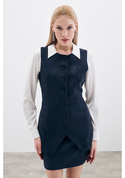 Sateen Düğmeli Uzun Süet Yelek - Lacivert-135510 Lacivert