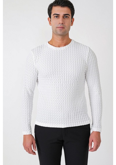 Efor Slim Fit Esnek Pamuklu Dokulu Kumaş Uzun Kollu Ekru Tişört Ts 934