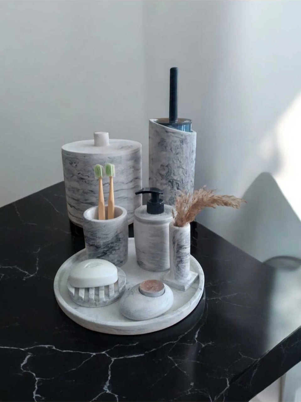 Marble Beton Banyo Seti,çöp Kovasi,tuvalet Wc,sabunluk,diş Fırçalık,mumluk,tepsi,aksesuar,dekorasyon Gri