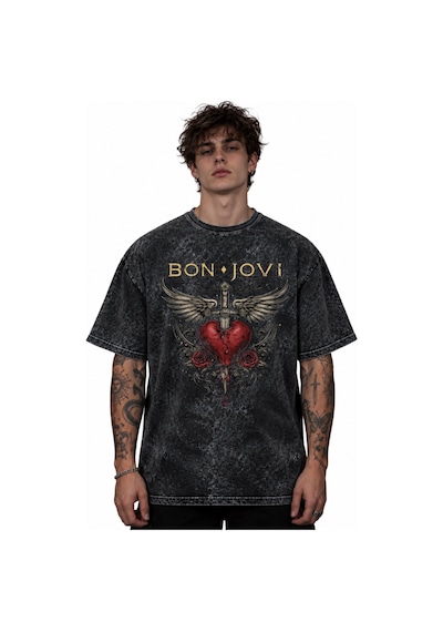Bon Jovi Rock Metal Şarkıcı Baskılı Unisex Oversize Vintage Yıkam Siyah