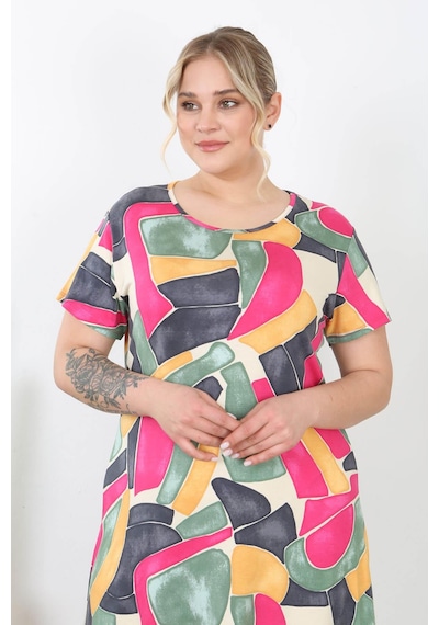 Mooi Xxl Kadın Pembe Gri Geometrik Desen Midi Elbise Pembe