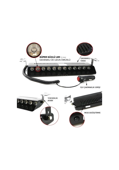 12 Ledli Kırmızı Mavi Çakar Led Vantuzlu Araç İçi