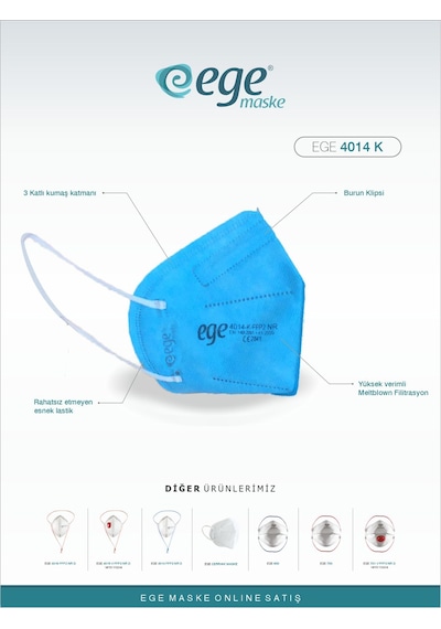 Ege Maske 4014-k Ffp2 Nr N95 Ventilsiz Maske 50'li Mavi
