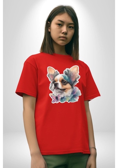 Chihuahua Köpek Pamuklu Bisiklet Yaka Unisex Oversize Boyfriend Dijital Baskılı Kırmızı T-shirt Kırmızı