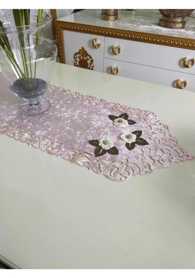 Mina Kadife Kumaş Lazer Kesim Çiçek Süslemeli Pudra Krem Runner 40x140 Cm 719 Pudra
