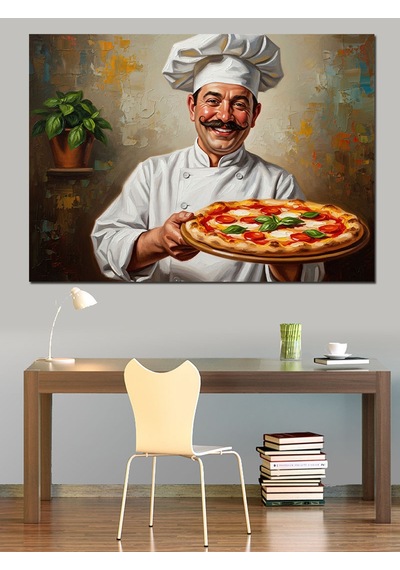 Ahşap Tablo Pizza Tepsisi Tutan Gülümseyen Şef Yiyecek Ve İçecek Tabloları