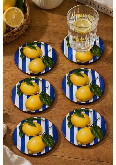 Çizgili Limon Desenli Bardak Altlığı 6lı Set 9 Cm Mdf Çok Renkli