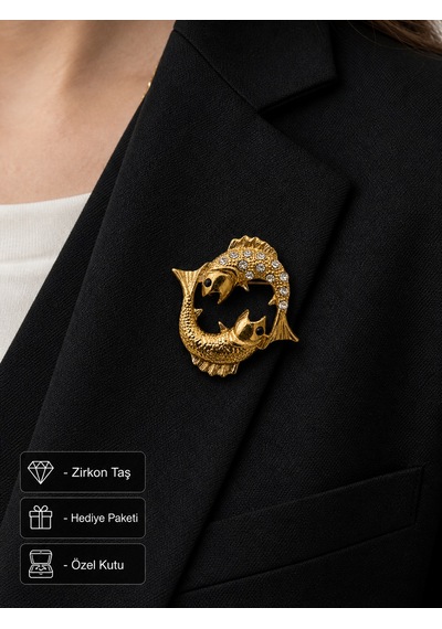 Hediye Balık Burcu Kadın Broş Gold Renk Zirkon Taşlı Rozet Açık Gri