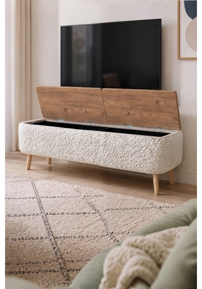 Sandıklı Tv Ünitesi Teddy Kumaş Kaplamalı Ahşap Ayaklı Modern Tv Ünitesi Sarven Beyaz