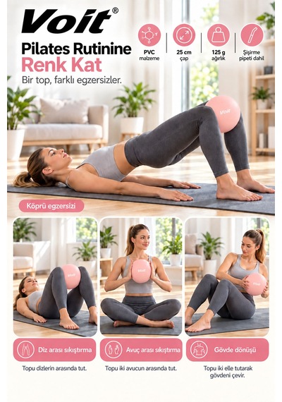 25 cm Mini Pilates Topu Yoga Fitness Egzersiz ve Denge Topu Şişirme Pipeti Dahil Pembe