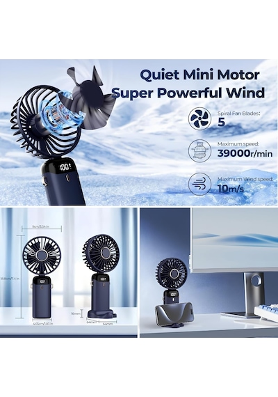 Şarjlı El Vantilatörü - Led Dijital Ekranlı 5 Kademe Rüzgar Hızlı Mini Masaüstü Fan, Boyun Askılı Katlanabilir Şarj Edilebilir Taşınabilir Vantilatör, Telefon Standlı Type-c Şarjlı Soğutucu Fan
