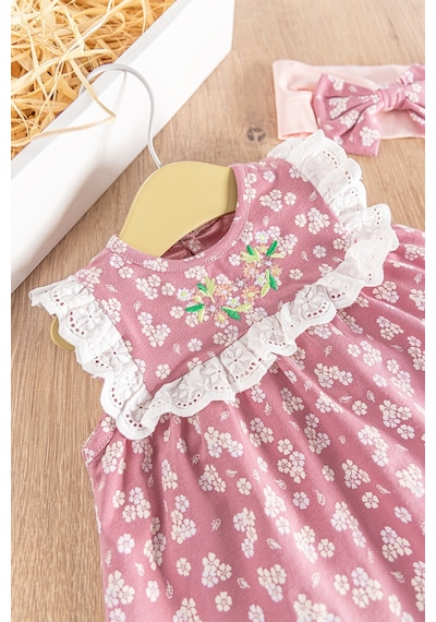 Babymod Çiçek Desenli Bandanalı 3'lü Kız Bebek Elbiseli Takım 001