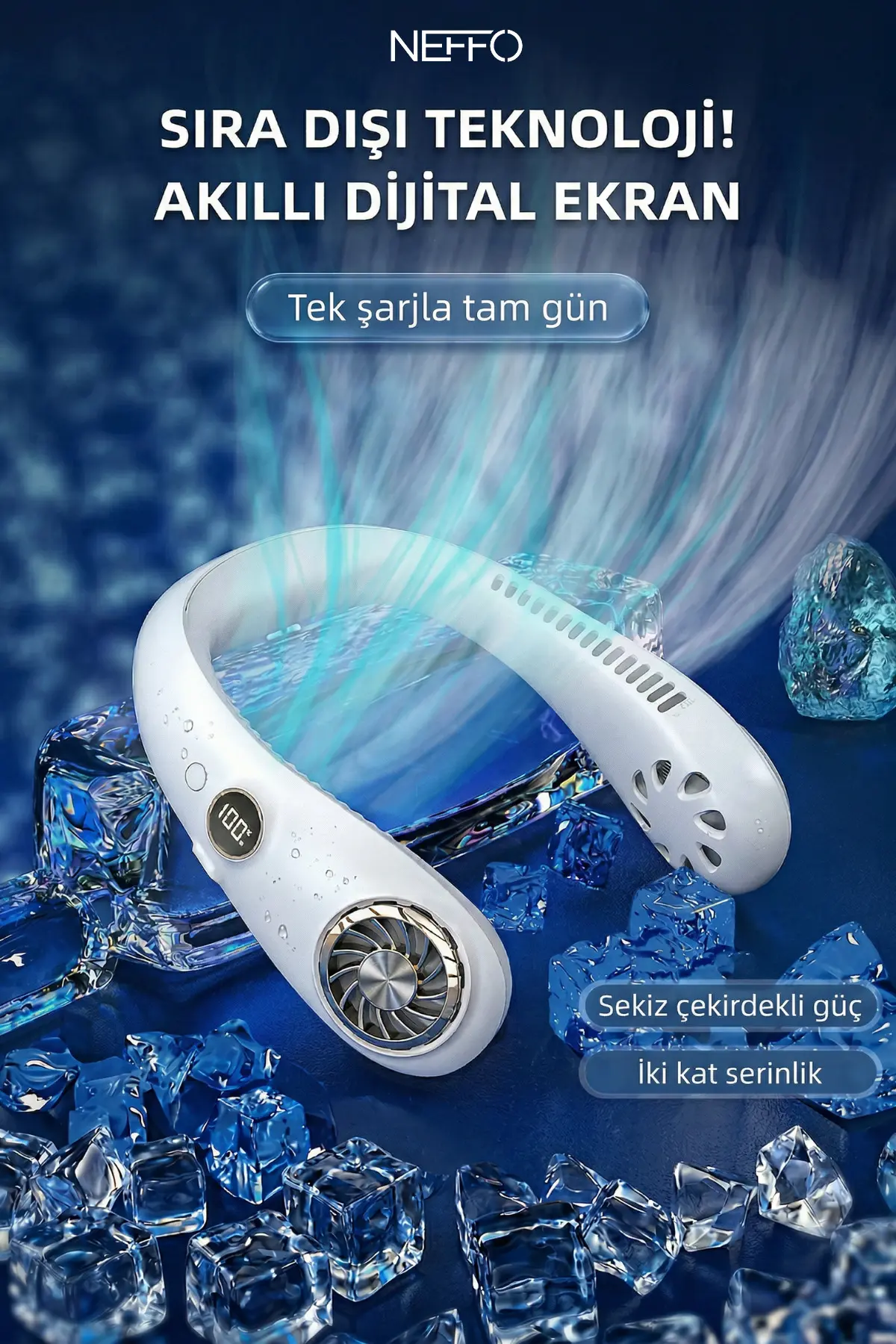 Boyuna Takılan Fan Mini Klima Serinletici Vantilatör Led Ekranlı 3 Seviye Şarjlı Boyunluk Fan