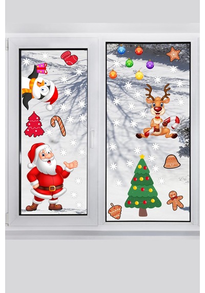 Yılbaşı Sticker Noel Baba Penguen Geyik Yılbaşı Ağacı ve Kar Taneleri