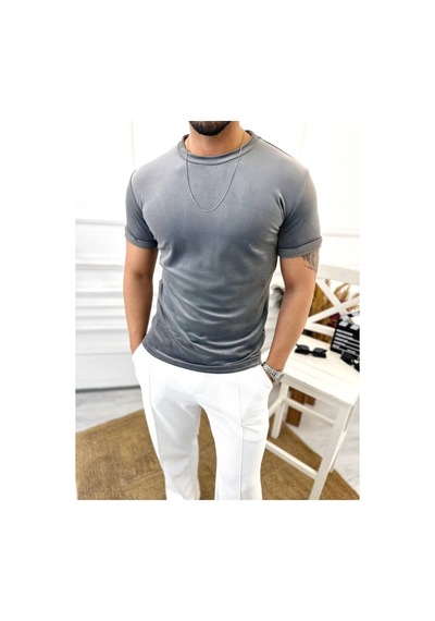 T-shirt Slim Fit Tişört Dar Kesim Kadife Tişört Füme