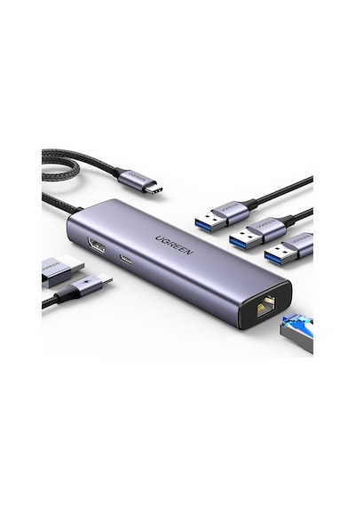 Ugreen 6IN1 Arada Type-C To 3 Usb 3.0 4K/30Hz Hdmı RJ45 Gigabit Ethernet Pd Dönüştürücü Hub