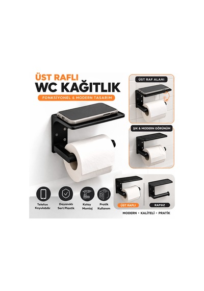 Üst Raflı Tuvalet Kağıdı Askılığı Telefon Koyulabilir Wc Kağıtlık Sert Plastik Duvar Tipi Çok Renkli