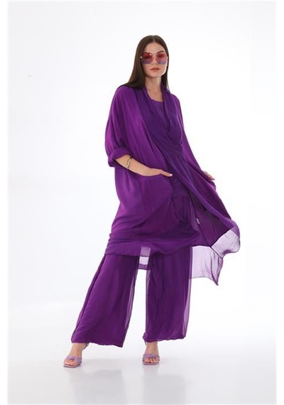 Italyan Ipek Detaylı Oversize Kap Bluz- Wes Pantolon Takım Mor