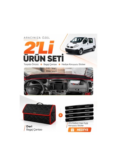 E-biz Renault Trafic 2004-2010 Uyumlu Torpido Örtüsü + Deri Bagaj Çantası - Siyah-kırmızı - Re049