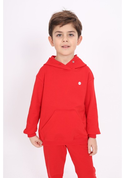 Toontoy Kız Çocuk Relax Fit Kapüşonlu Cepli Baskılı Sweatshirt - 2 İplik Kırmızı
