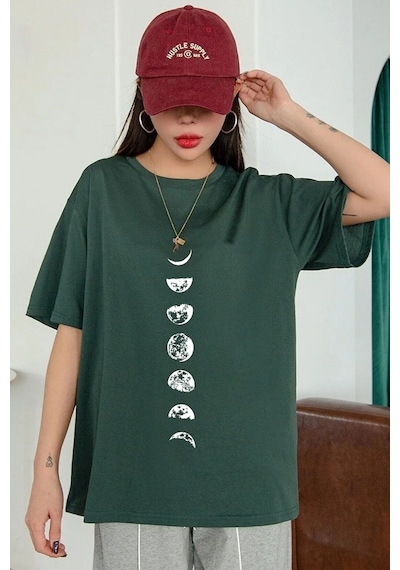 Unisex Moon Phases Baskılı T-shirt Yeşil