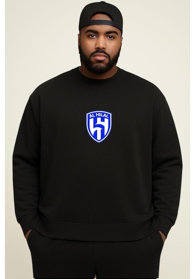 Benroma 3 İplik Penye Al Hılal Baskılı Büyük Beden Unisex Sweatshırt Siyah