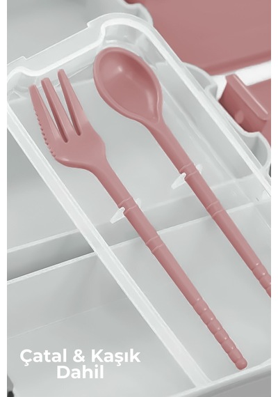 3 Katlı Bölmeli Lunchbox - Kilitli - Taşıma Saplı - Kaşık & Çatal Dahil G-770 Pembe Pembe