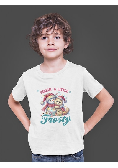 Bumeta Frosty Snowman & Cat Hoodie Noel Çocuk Tişört T-shirt Beyaz