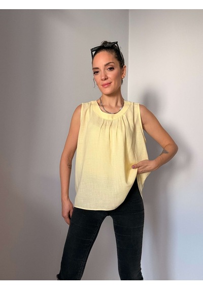 Ali Butik Sarı Bisiklet Yaka Keten Bluz Sarı