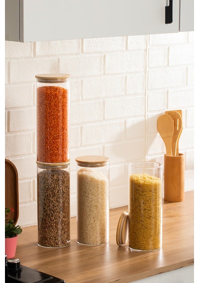Porsima 4-4 Bambu Borosilikat Vakumlu Kapaklı Yuvarlak Cam 4lü Kavanoz Seti Saklama Kabı 2100ml 10x30cm
