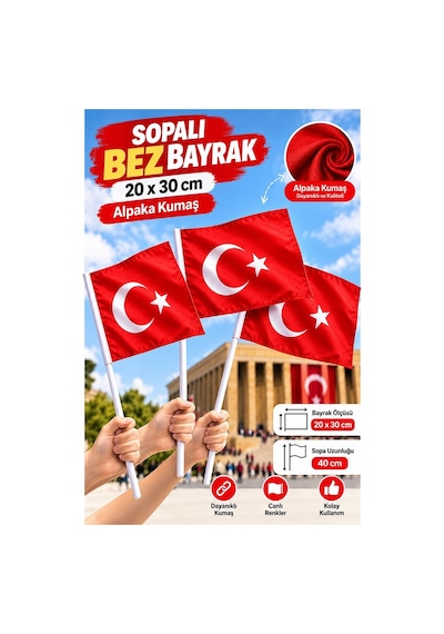Sopalı Bez Bayrak 20x30 Cm 3 Adet Saplı Bayrak Ay Yıldız Plastik Çıtalı 20 30 Bez Bayrak Mill Bayram Kutlama 20 x 30 CM