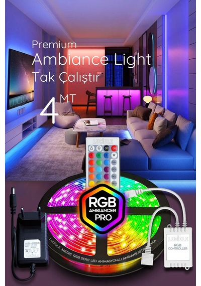 4 Mt Şerit Led Animasyonlu Tak Çalıştır Kumandalı Rgb Işık Duvar Aydınlatma Ambiyans Abajur