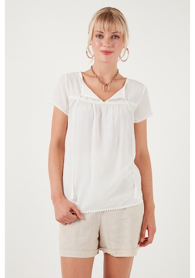 Lela Bağlamalı Yaka Kısa Kollu Regular Fit Bayan Bluz 5865641 Ekru