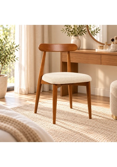 Ganni Home Oslo Sandalye Tekli Krem Ceviz Gürgen İskeletli, Kolay Silinebilir Kumaşlı Modern Yemek Sandalyesi Krem-ceviz