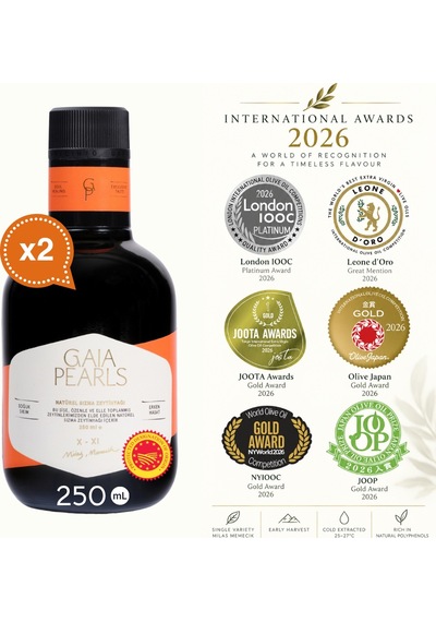 Gaia Pearls İkili Set Turuncu Seri 250 Ml X2 Avrupa Birliği Coğrafi İşaretli Milas Memecik Erken Hasat Soğuk Sıkım Zeytinyağı Yoğun Meyvemsi