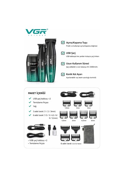 V-640 S3 Profesyonel Kablosuz Saç Ve Sakal Kesme Makinesi 3 İn 1 Tıraş Seti