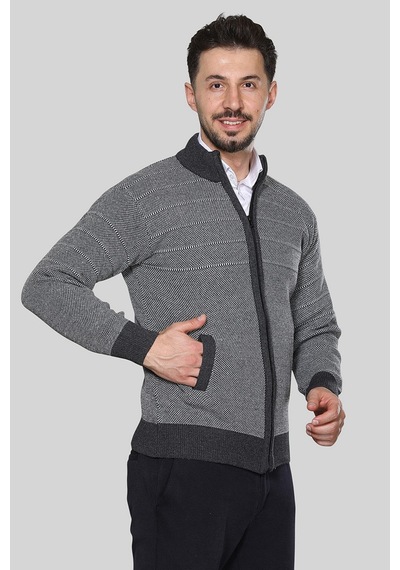 Kzctekstil Erkek Triko Akrilik Kalın Dokulu Klasik Fit Fermuarlı Cepli Kışlık Baba Hırka Antrasit