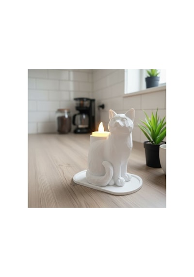 Beyaz Mozaik Dekoratif Kedi Biblo Led Mumlu Şık Ev Ofis Masa Üstü Aksesuar Mumluk Led Mum Hediye