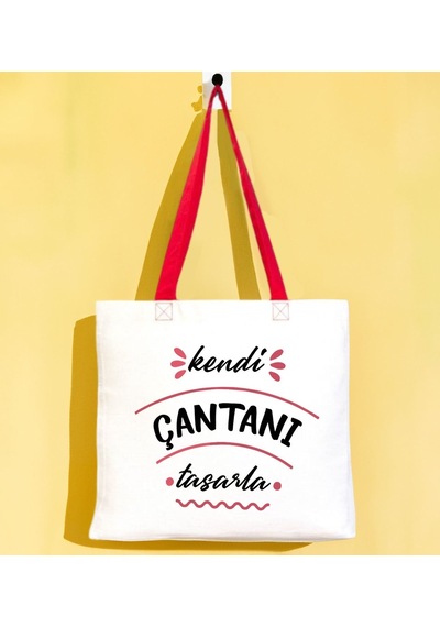 Bk Gift Kişiye Özel Kendin Tasarla Kırmızı Renkli Kulp Gabardin Bez Çanta 40x35cm, Alışveriş Çantası, Plaj Çantası, Baskılı Omuz Çantası