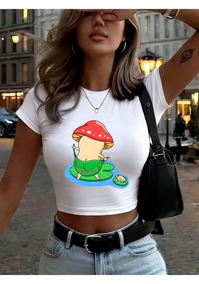 Noıssey Banyo Mantarı Baskı Kadın Kırpma T-shirt Yaz Yüksek Elastik Yumuşak Üstler Uydurma İnce Kısa Beyaz