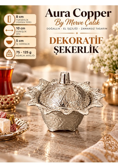 Aura Copper Dekoratif Kapaklı Şekerlik Lokumluk 10 Cm Gümüş Renk İşlemeli - Küçük Boy Beyaz - Gümüş