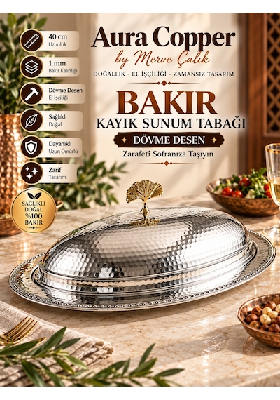 Dövme Bakır Kayık Sunum Tabağı Kapaklı Servis Sunumluk Gümüş - Şeffaf