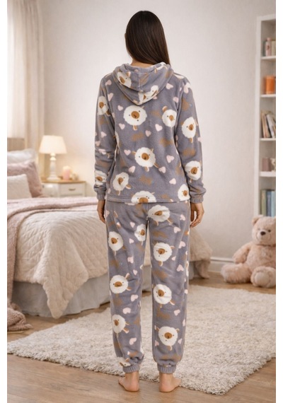 Burcumay Kadın Desenli Kapüşonlu Gri Polar Pijama Takımı Gri