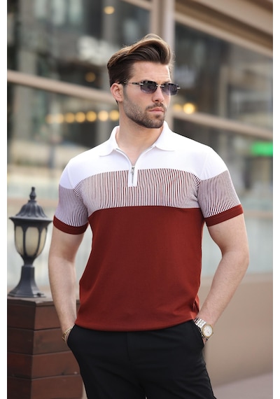 Madmext Kiremit Renk Bloklu Polo Yaka Triko Erkek T-shirt E7409 Kiremit